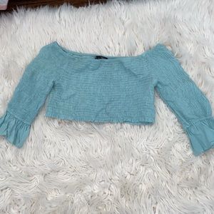 teal off the shoulder mid sleeve cropped top